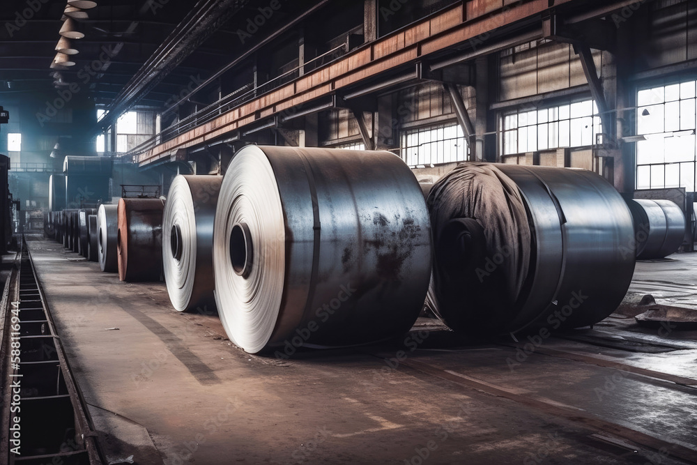 Roll of steel sheet in factory. Generative AI.