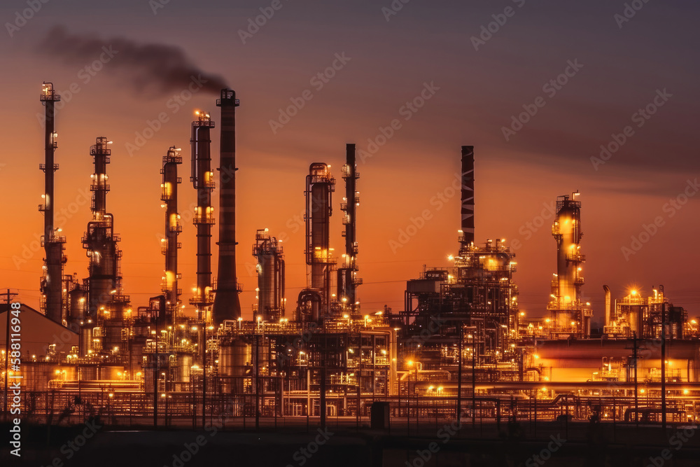 Petrochemical industry at sunset, smoke visible. Generative AI.