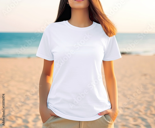 blank white T-shirt, sales mock up, woman, wearing white T-shirt at beach, generative AI  finalized in Photoshop by me