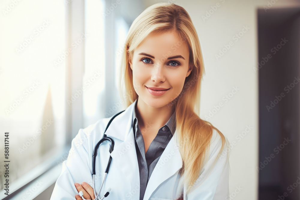 Woman medical doctor, portrait, general practitioner smiling at camera. Generative AI.