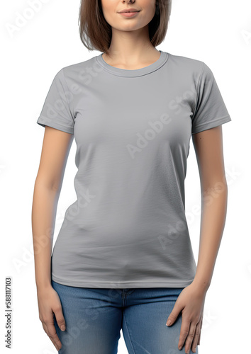 blank gray T-shirt, sales mock up, woman, wearing gray T-shirt at beach, generative AI finalized in Photoshop by me