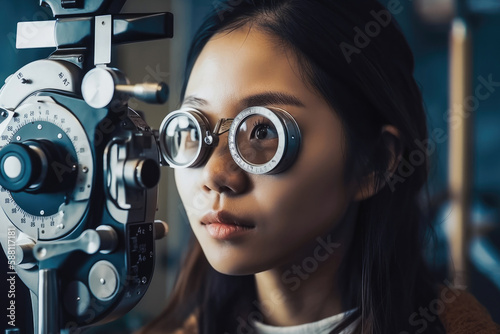 Asian woman doing eye test in clinic. Generative AI.