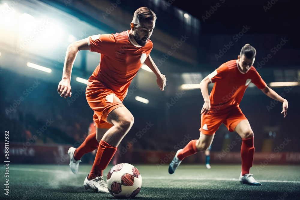 Two football players dribbling a ball during match in the stadium. Generative AI.