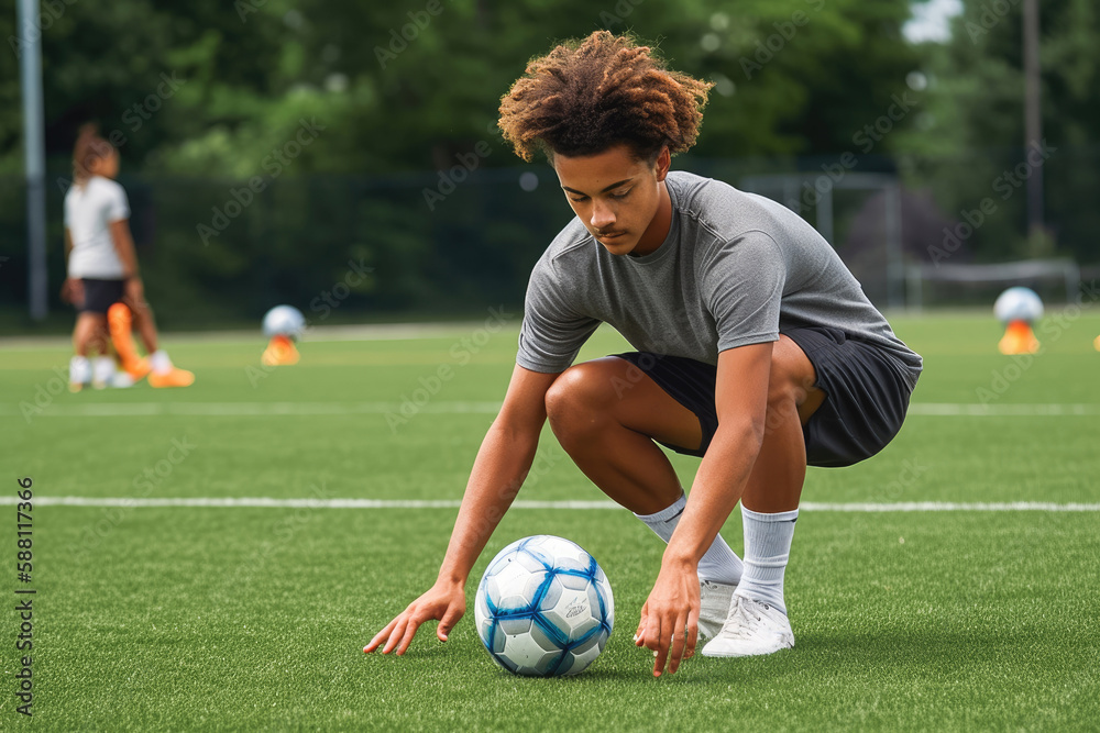 Soccer player practicing ball control. Generative AI. Soccer player practicing ball control. Generative AI.