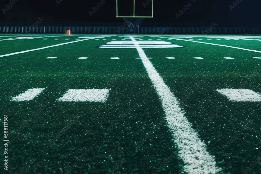 White line on a green football field. Generative AI. White line on a green football field. Generative AI.