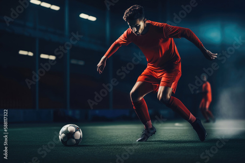 Male football player on the field. Dark background. Generative AI. © VisualProduction
