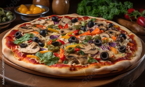  a pizza with olives, peppers, peppers, and mushrooms. generative ai