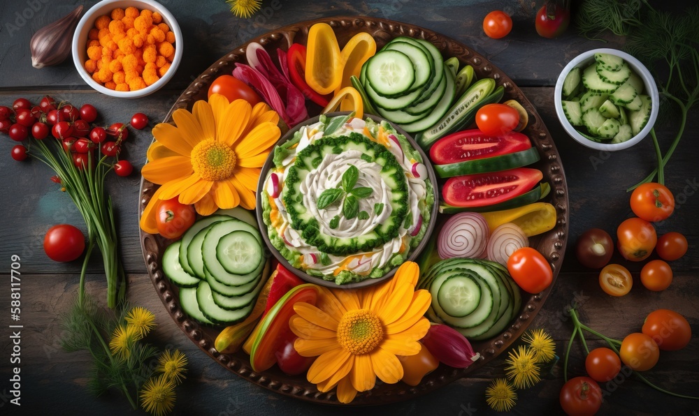 a platter with cucumbers, tomatoes, cucumbers, and other vegetables. generative ai a platter with cucumbers, tomatoes, cucumbers, and other vegetables. generative ai