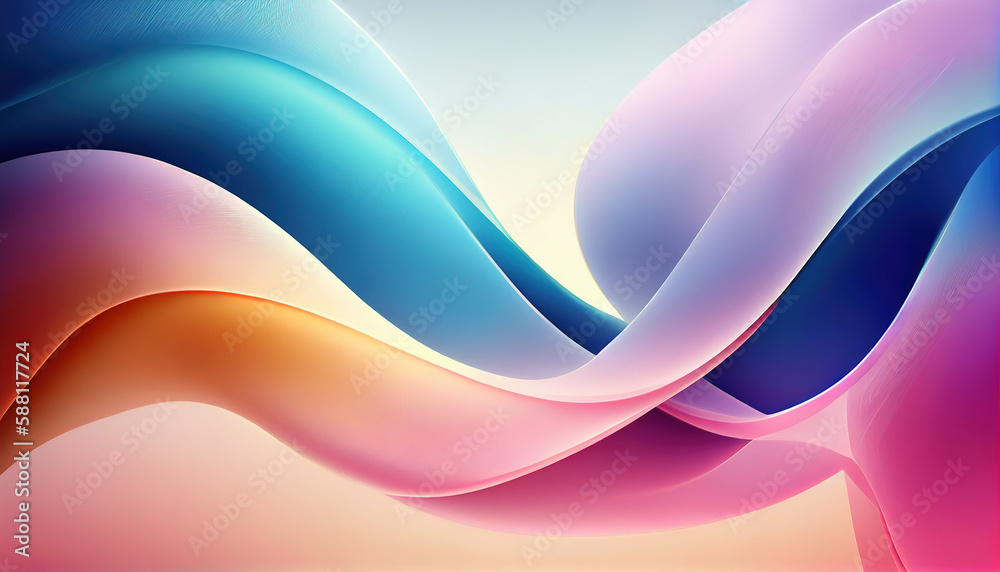 Naklejka premium Abstract Shiny neon glass translucent wavy composition with gradient transition, elegant clean background - generative AI.