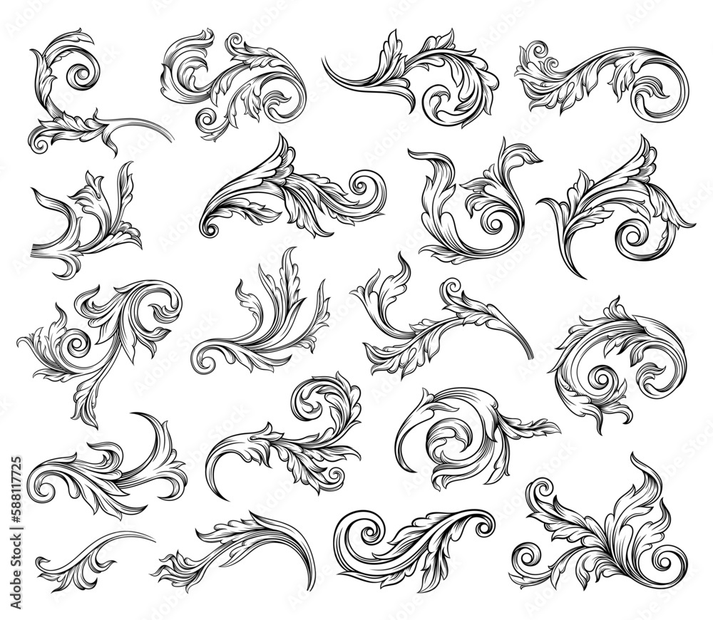 Baroque Scroll as Element of Ornament and Graphic Design with Spirals and Rolling Circle Motif Big Vector Set