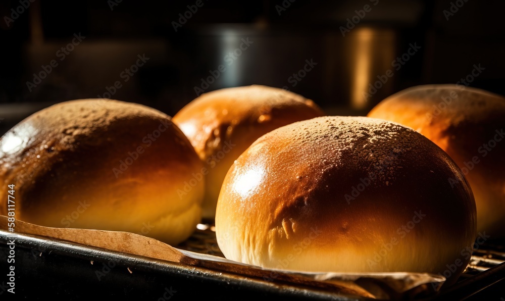  a close up of bread rolls on a baking sheet in a oven.  generative ai