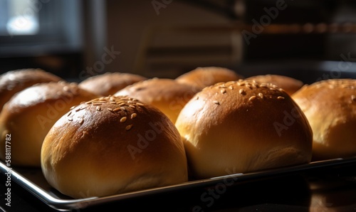  a close up of bread rolls on a tray on a table.  generative ai