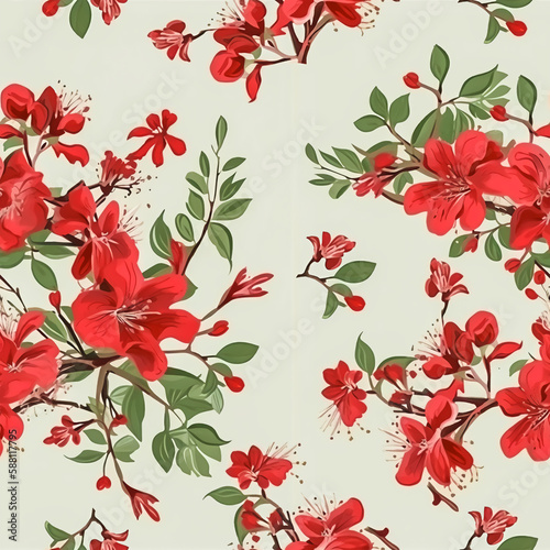 Red calico folk floral seamless wallpaper  fabric and background.