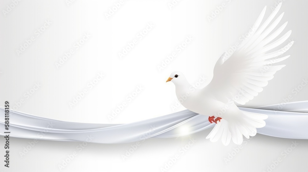 Fototapeta premium A white banner with a dove and olive branch for Peace Day. With empty space for text. Generative ai.