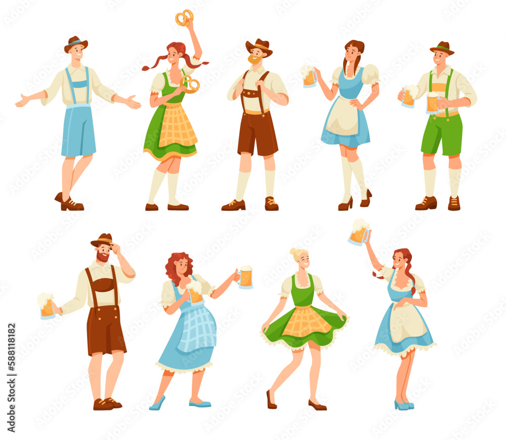 Beer Festival with People Characters Celebrating Holiday Vector Set Beer Festival with People Characters Celebrating Holiday Vector Set