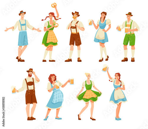 Beer Festival with People Characters Celebrating Holiday Vector Set