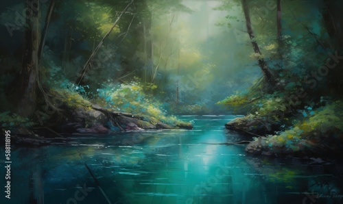  a painting of a river in a forest with trees and rocks. generative ai