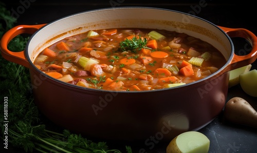  a pot of soup with carrots, celery and potatoes. generative ai