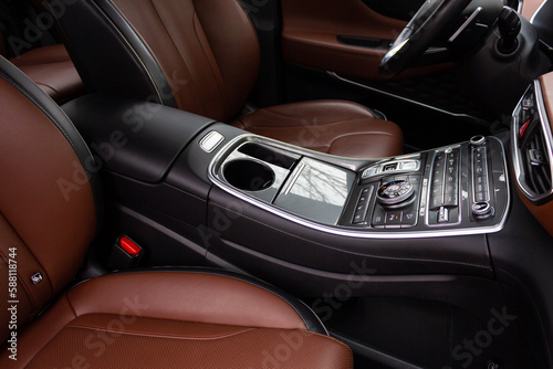 Leather interior of a premium car. The interior of a modern car.  © Brylynskyi