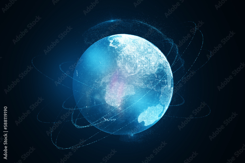 Abstract glowing globe with connection lines on dark background. Digital world and technology concept. 3D Rendering.