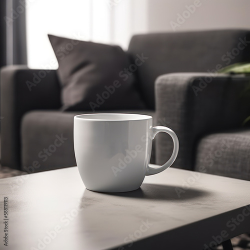 white mug mockup in living room, ultra detailed. Generative AI