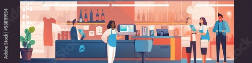 illustration, the customer stands near the bill payment counter with the mobile, website header, generative a