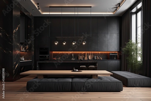 contemporary kitchen with black walls and wooden floors. Generative AI © AkuAku