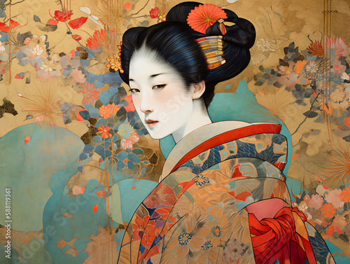 A beautiful Japanese woman wearing a floral kimono standing against an equally floral background. A mix of symbolism and ukiyo-e art styles. Generative AI.