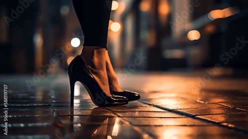 Women's feet in high-heeled shoes on a city street.