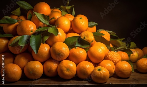  a pile of oranges sitting on top of a wooden table.  generative ai