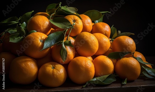  a pile of oranges with green leaves on top of them.  generative ai