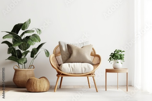 cozy living room with a chair, potted plant, and side tables. Generative AI