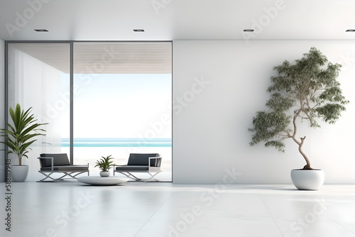 Luxury spacious interior with a white wall and views of the sea  generative ai