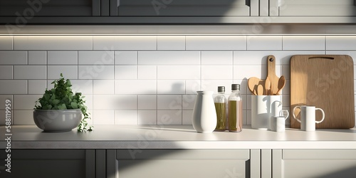Modern kitchen background, countertop with kitchen utensils and empty space, generative ai