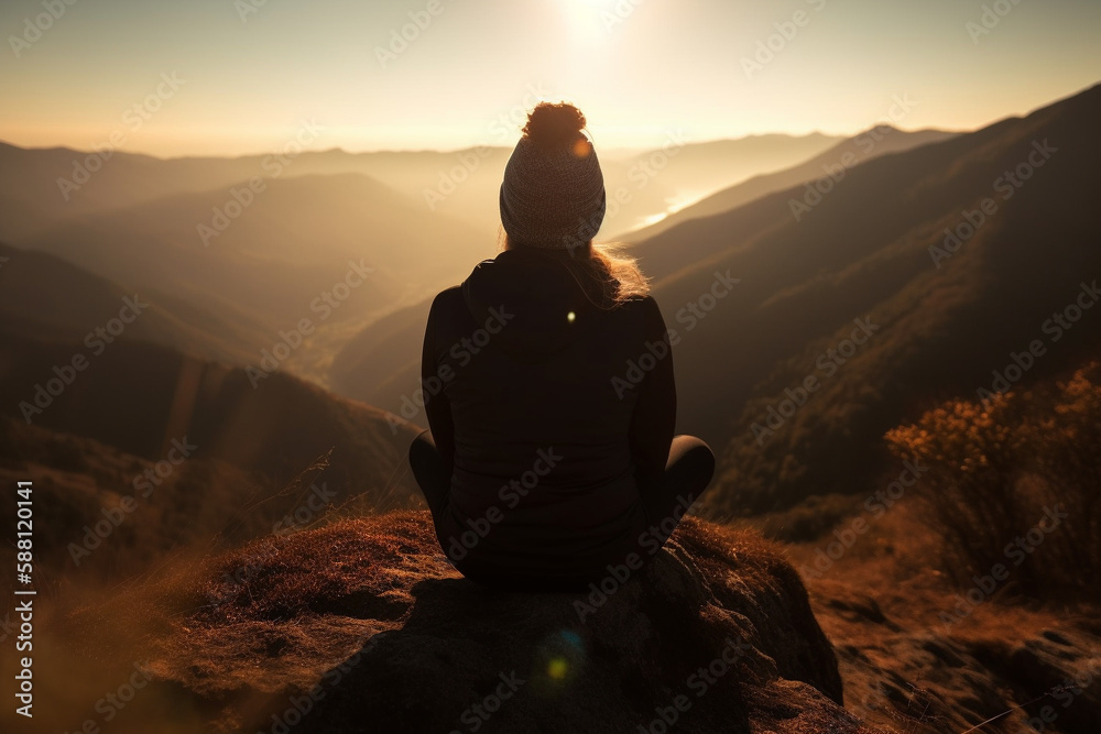 Woman in yoga zen pose meditating on a mountain at sunrise or sunset. Balance and stability, meditation relaxation and peace. Natural therapy contemplation therapy. Ai generated