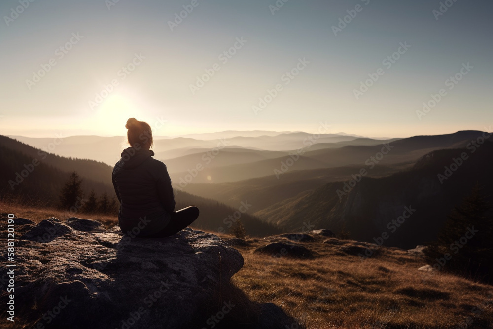 Woman in yoga zen pose meditating on a mountain at sunrise or sunset. Balance and stability, meditation relaxation and peace. Natural therapy contemplation therapy. Ai generated