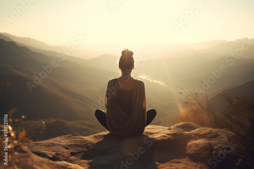 Woman in yoga zen pose meditating on a mountain at sunrise or sunset. Balance and stability, meditation relaxation and peace. Natural therapy contemplation therapy. Ai generated © dragomirescu
