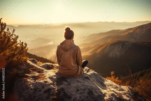 Woman in yoga zen pose meditating on a mountain at sunrise or sunset. Balance and stability  meditation relaxation and peace. Natural therapy contemplation therapy. Ai generated