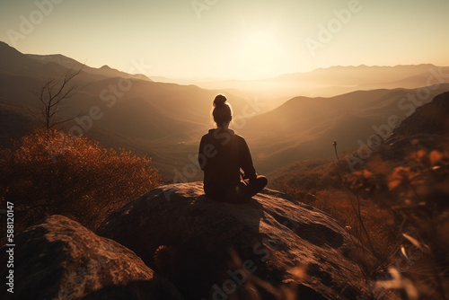 Woman in yoga zen pose meditating on a mountain at sunrise or sunset. Balance and stability, meditation relaxation and peace. Natural therapy contemplation therapy. Ai generated © dragomirescu