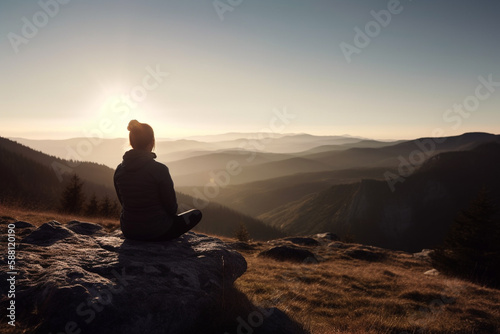 Woman in yoga zen pose meditating on a mountain at sunrise or sunset. Balance and stability, meditation relaxation and peace. Natural therapy contemplation therapy. Ai generated