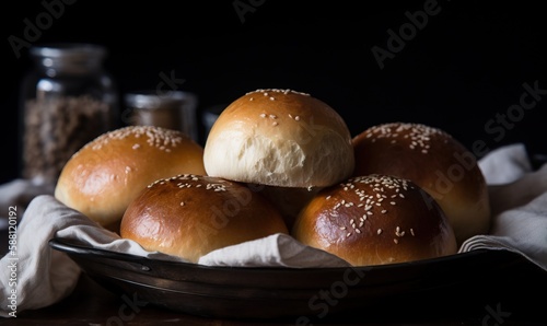  a bowl of buns with sesame seeds on a table. generative ai