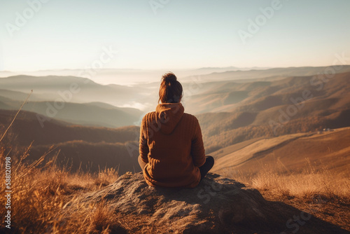 Woman in yoga zen pose meditating on a mountain at sunrise or sunset. Balance and stability  meditation relaxation and peace. Natural therapy contemplation therapy. Ai generated