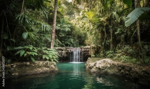  a small waterfall in a tropical forest with a pool of water. generative ai