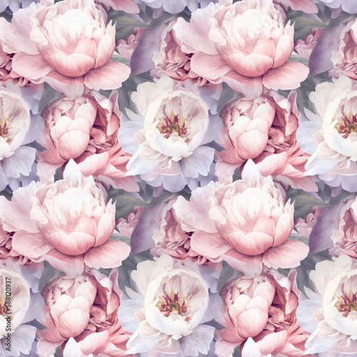 Seamless floral background with peony flowers. AI generated © misu