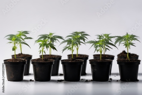 Cannabis plant in a pot, on white ackground, Generative AI