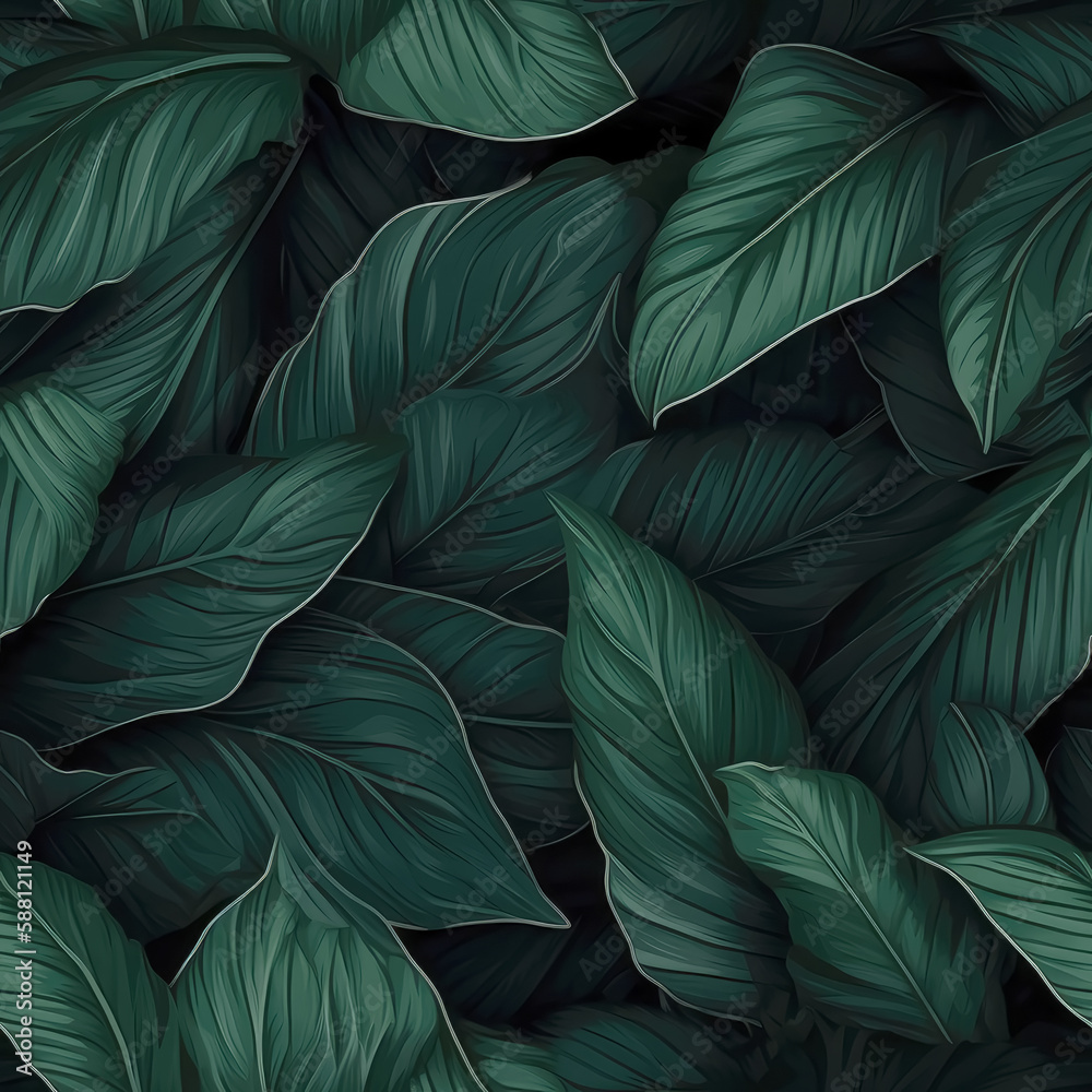 Seamless background of Spathiphyllum leaves. AI generated