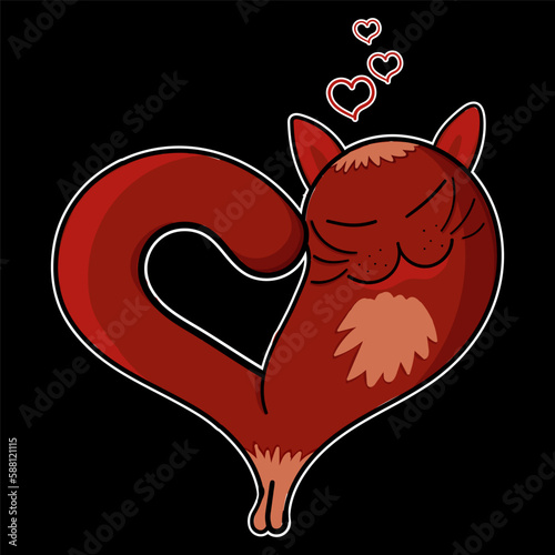 red smiling cat in the shape of a heart with closed eyes