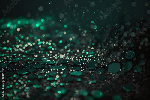 forest green and black colored glowing glow bokeh out of focus blurred particles and lights and waves. Abstract glamour high tech technology background. Generative AI