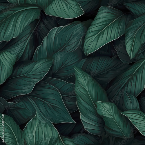 Seamless background of Spathiphyllum leaves. AI generated