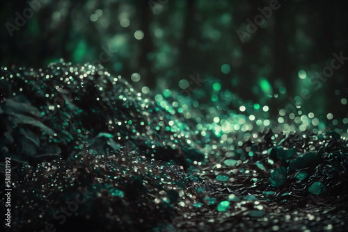 green and black colored glowing glow bokeh out of focus blurred particles and lights and waves.  Abstract glamour high tech technology background. Generative AI © Distinctive Images